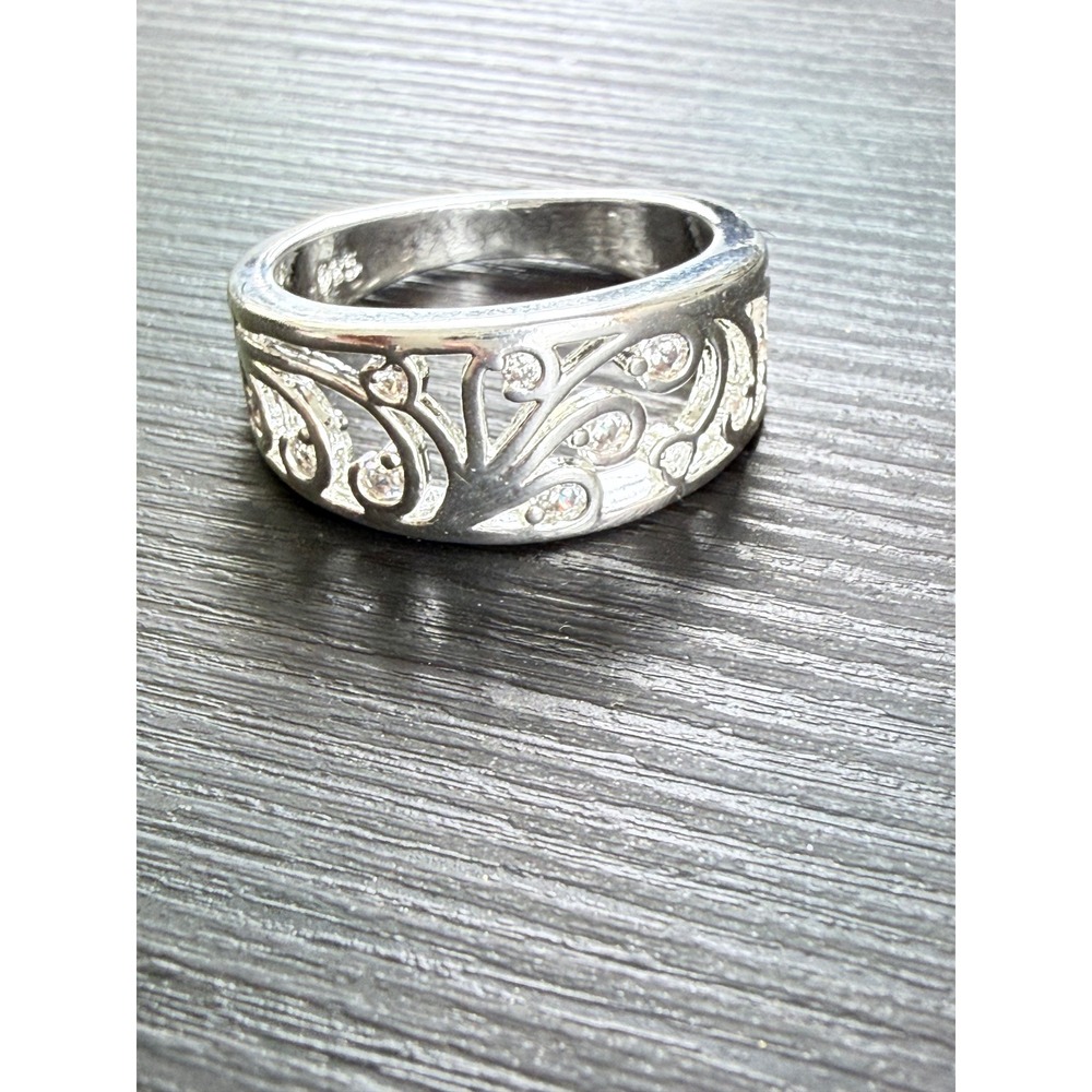 Filigree Band Ring Womens Size 9 Silver 925 Cubic Zirconia Scroll